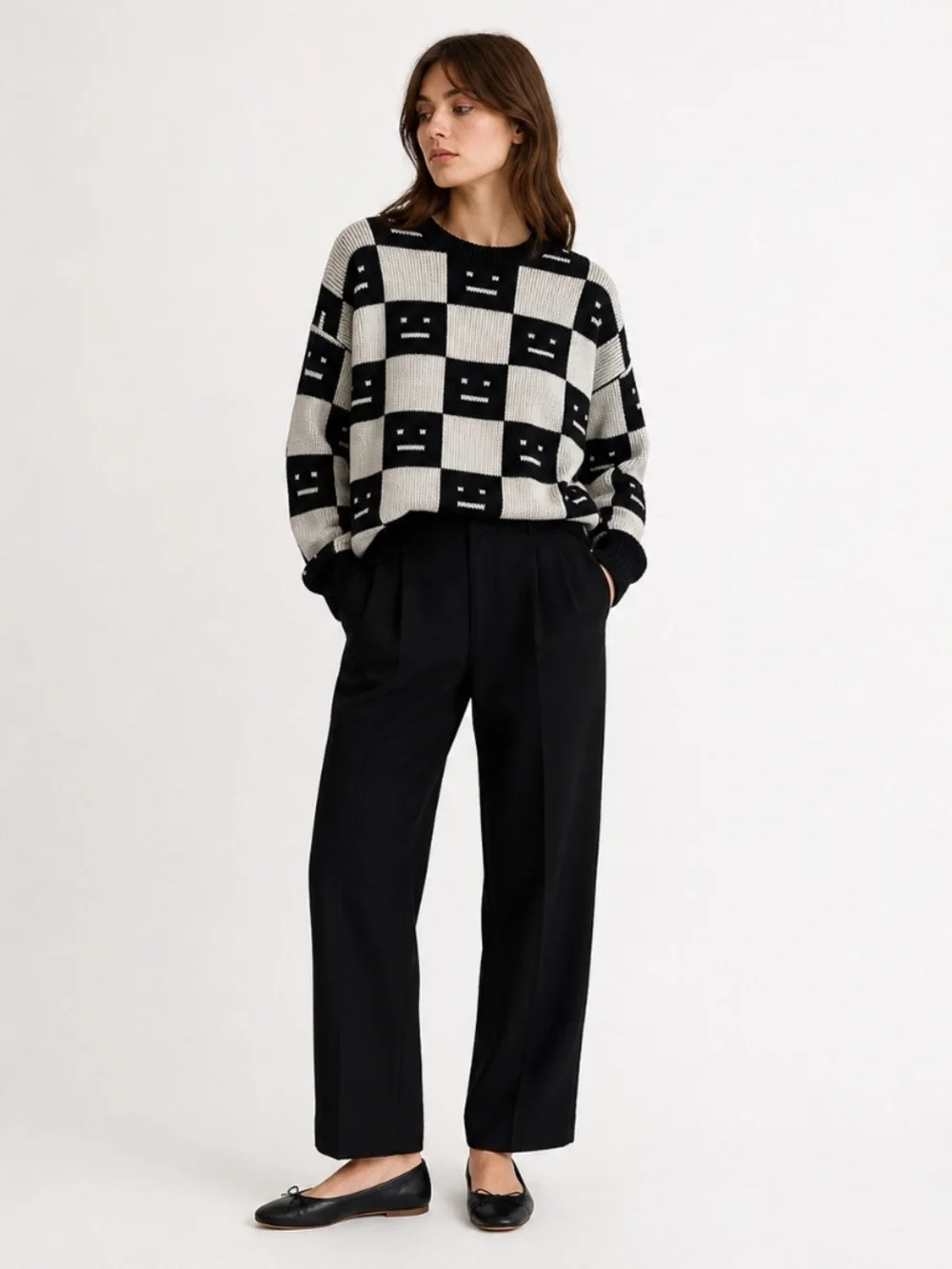 Acne Studios Face Checkerboard Wool Sweater Black Oatmeal Beige XS - Picture 3 of 9